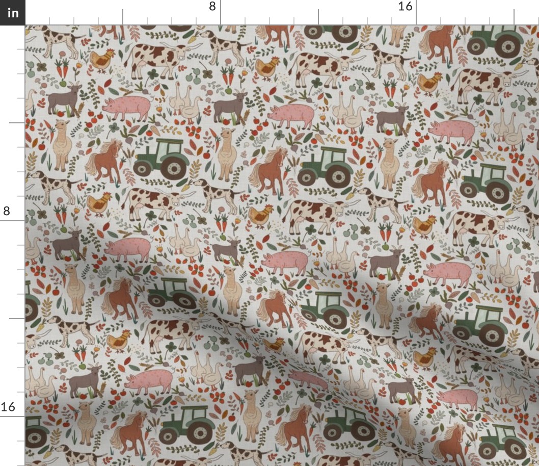 Farm days - animals and vegetables |linen off white light grey  |  Small  scale 6inch  repeat fabric 