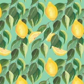 watercolor lemon branches on jade background