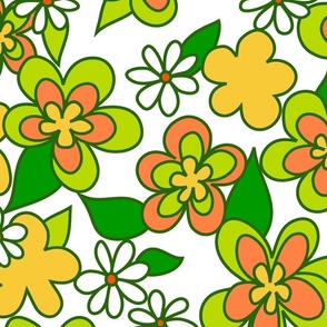 60s flora big citron on white Groovy retro daisies summer of love