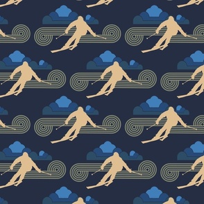 Retro Snow Ski Design in Navy with Clouds