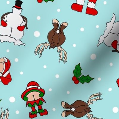 Large Scale Cheeky Santa Snowman Reindeer Elf Sarcastic Christmas on Aqua Blue