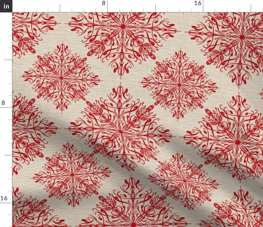 Snowflake beige and red Christmas linen winter joy. 