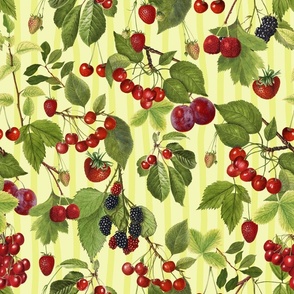 Fresh Summer Fruit Pattern With Yellow Subtle Stripes  Smaller Scale