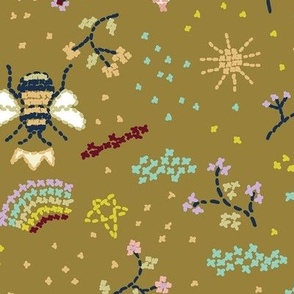 Funny modern cross stitching with bees and rainbows on olive green Large scale 