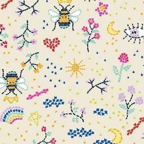 Funny modern cross stitching with bees and rainbows on cream Medium scale 