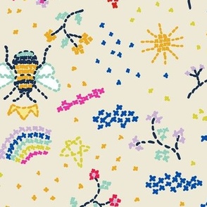 Funny modern cross stitching with bees and rainbows on cream Large scale 