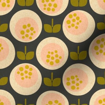 Mid century modern rosebuds in sweet pink on warm dark grey Small scale