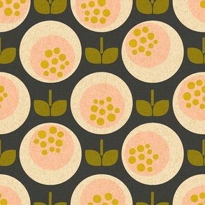 Mid century modern rosebuds in sweet pink on warm dark grey Small scale