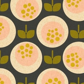 Mid century modern rosebuds in sweet pink on warm dark grey Medium scale