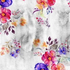 Vivid and bright watercolor florals on light grey background Small scale