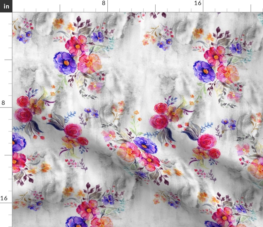 Vivid and bright watercolor florals on light grey background Small scale