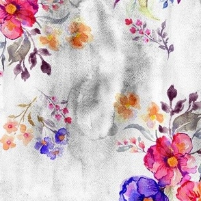 Vivid and bright watercolor florals on light grey background Medium scale