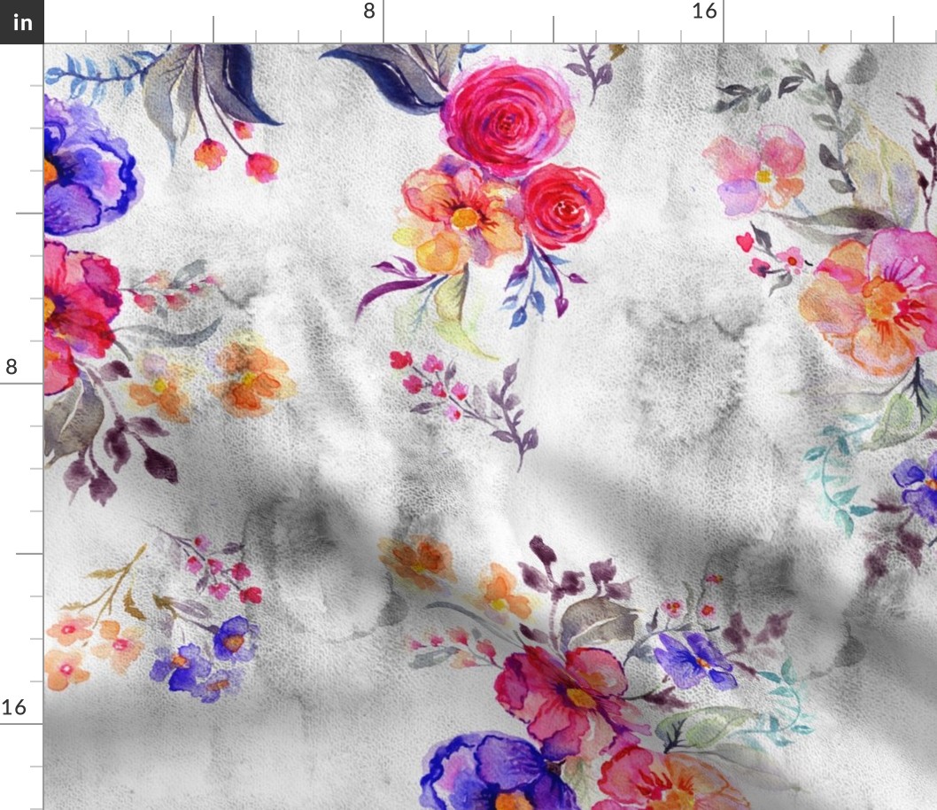 Vivid and bright watercolor florals on light grey background Large scale