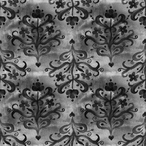 Romantic stylized floral damask in Grayscales Small scale