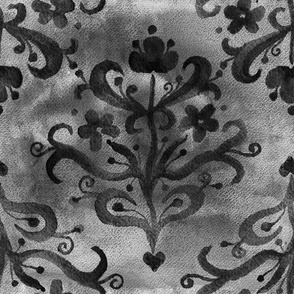 Romantic stylized floral damask in Grayscales Large scale