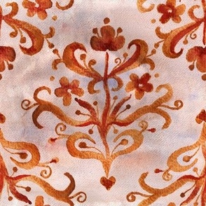 Romantic stylized floral damask in blush pink and rust gold Large scale