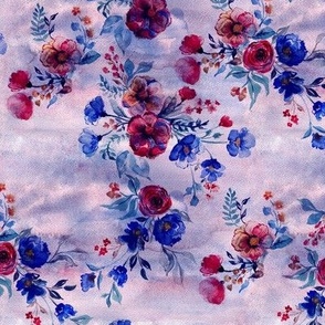 Watercolor vintage flower bouquet in blue and violet red scales Medium scale