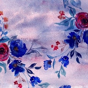 Watercolor vintage flower bouquet in blue and violet red scales Large scale