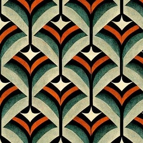 Art deco - retro green orange bows and arrows pattern