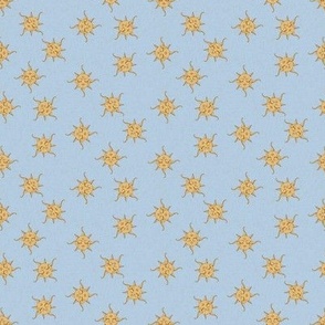 Vintage sun on light blue with linen texture NON DIRECTIONAL Small scale 4inches repeat