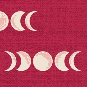 Burning sky with moon phases on Viva Magenta Pantone color of the year 2023 Background with burlap texture Large scale