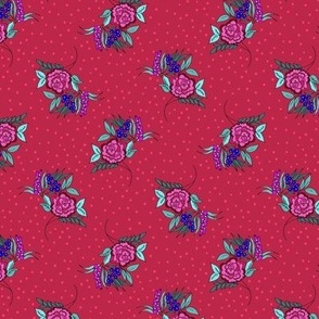 Viva Magenta ditsy flowers with blueberries on Viva Magenta Pantone of the year 2023 Background NON DIRECTIONAL Small scale