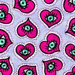 Love behind green eyes NON DIRECTIONAL Hot pink hearts on digital lavender background with acid denim texture Medium scale