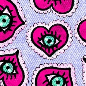 Love behind green eyes NON DIRECTIONAL Hot pink hearts on digital lavender background with acid denim texture Large scale