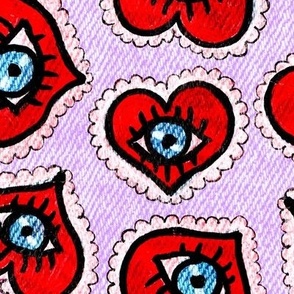 Love behind blue eyes NON DIRECTIONAL Red hearts on digital lavender background with acid denim texture Large scale