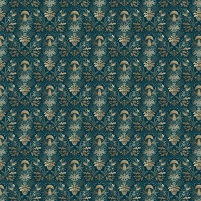 Mushroom forest damask wallpaper dark Teal and Gold Tiny scale 