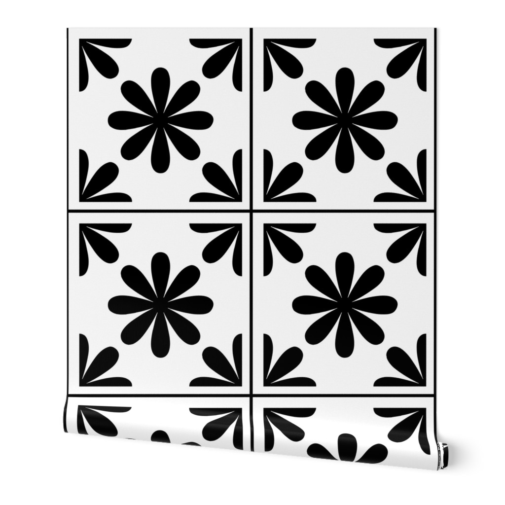 Ebony Blooms Stripes: Simple flowers in square black and white - small