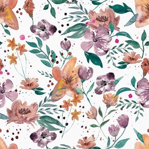 Hand Painted Watercolour Summer Florals Off White Medium
