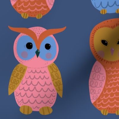 Cute-owls-pink-mauve-mustard-orange-blue-green