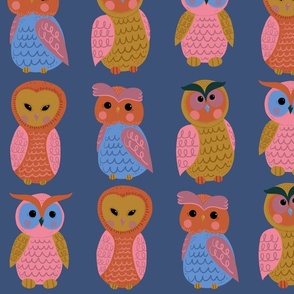 Cute-owls-pink-mauve-mustard-orange-blue-green