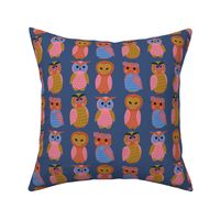 Cute-owls-pink-mauve-mustard-orange-blue-green