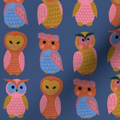 Cute-owls-pink-mauve-mustard-orange-blue-green