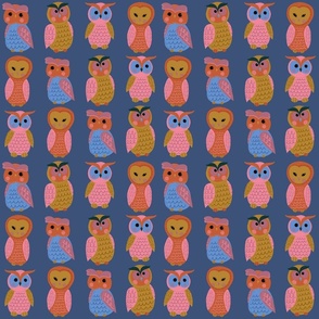 Cute-owls-pink-mauve-mustard-orange-blue-green