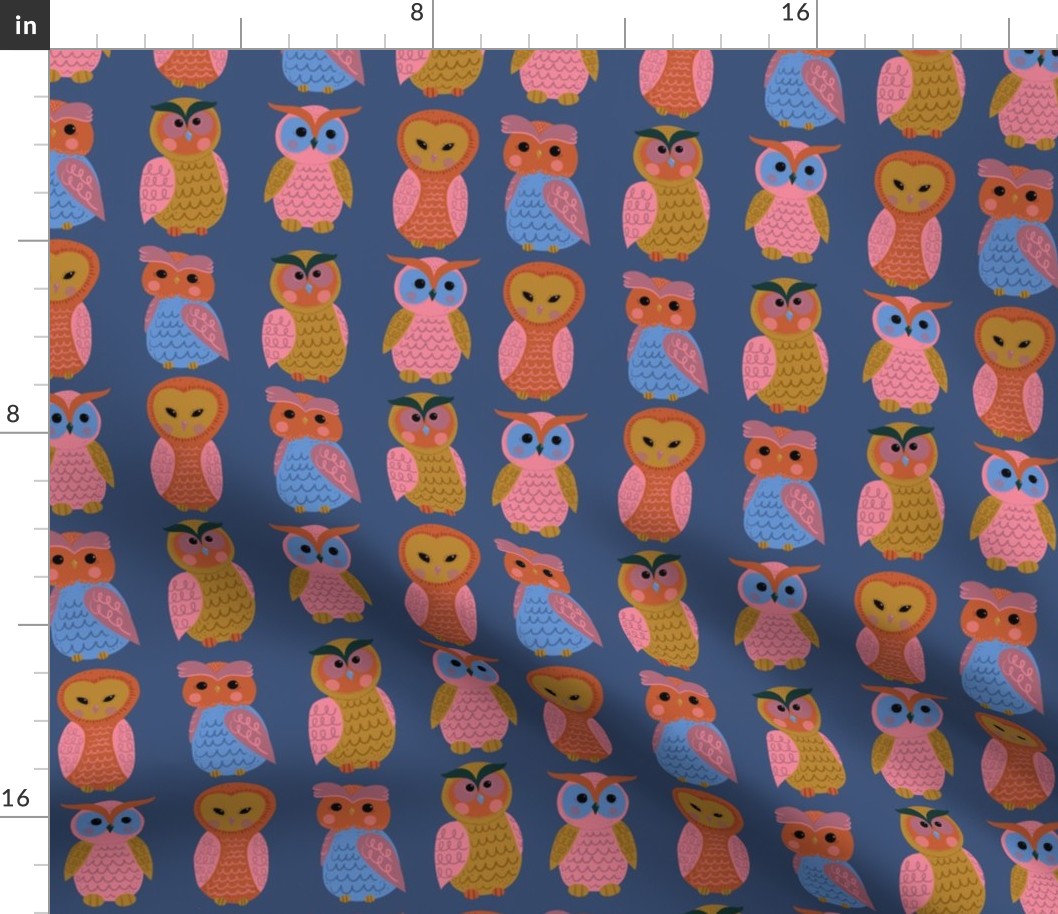 Cute-owls-pink-mauve-mustard-orange-blue-green