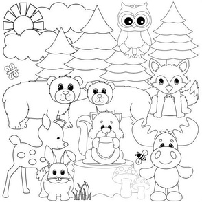 Woodland Animals Nursery Line Art Drawing Coloring 