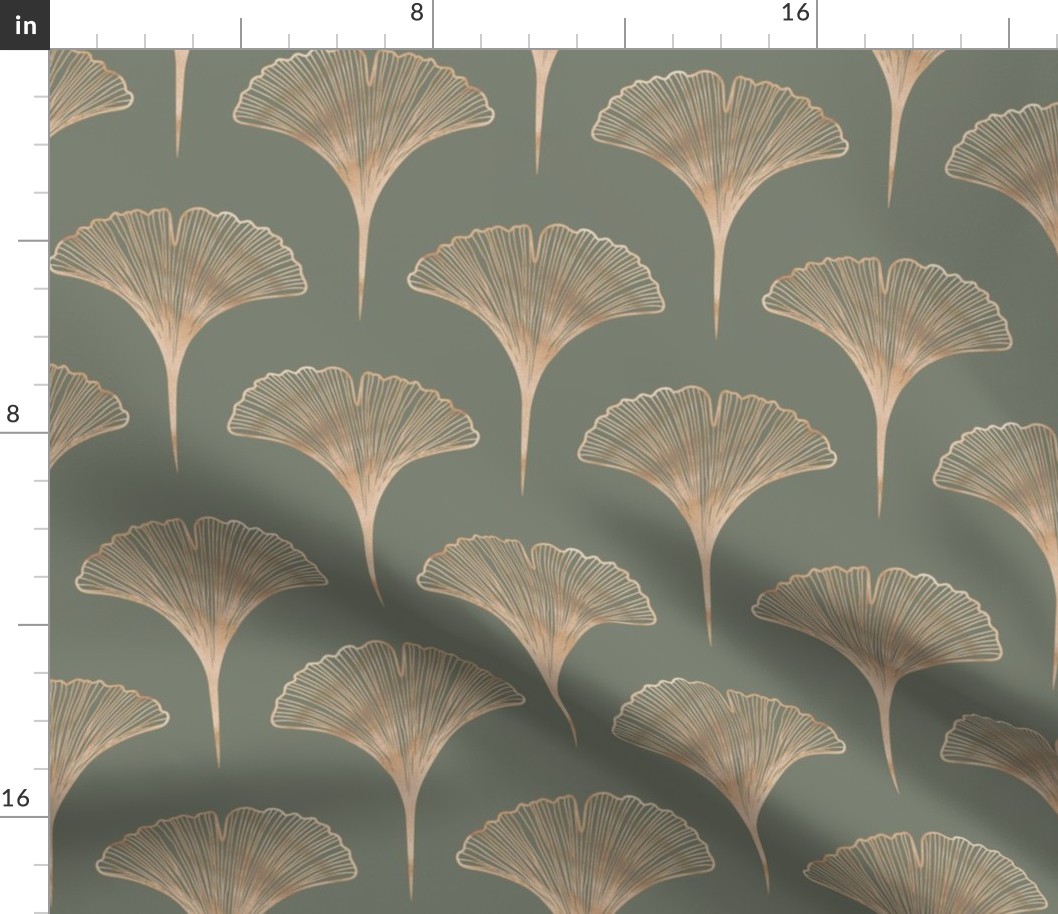 Cool Sage |  Ginkgo faux gold rose leaves on  muted middle green | sage and gold | large