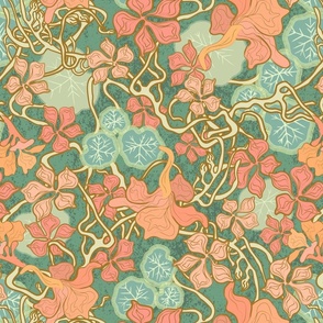 Extra large | Art Nouveau Nasturtium in Peach/coral pink against green teal textured background