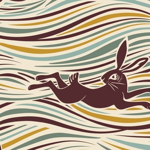 24'' Dark brown rabbit on cream white with mustard, brown, teal green and teal blue wavy stripes| minimal design | linocut block printing look