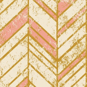24'' Shabby Chic Irregular Chevron Herringbone | white cream/beige and salmon pink with mustard matt gold lines & rustic, aged, distressed texture 