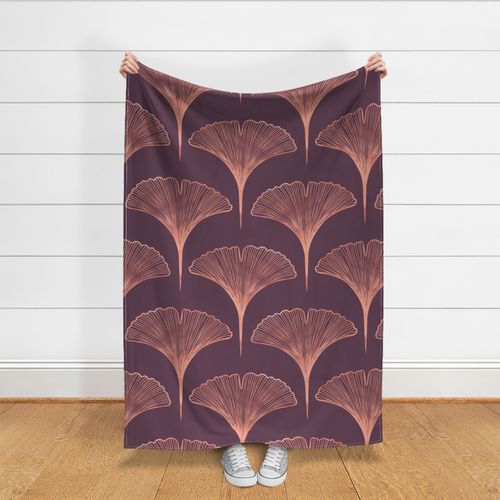 Opulent Rose Gold Copper Ginkgo Leaf on plum purple background | Art Deco Fans Scallops with a boho touch | jumbo | extra large XL