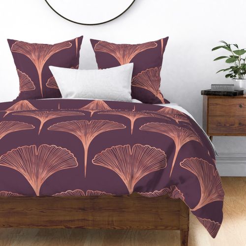 Opulent Rose Gold Copper Ginkgo Leaf on plum purple background | Art Deco Fans Scallops with a boho touch | jumbo | extra large XL