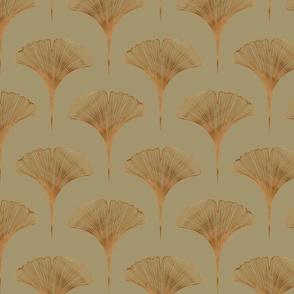 Opulent Ginkgo leaf in dark gold/bronze/brass on mid warm khaki green | Opulent Art Deco Wallpaper | Large