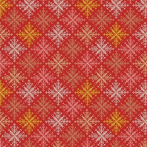 Winter knit style snowflakes | poppy red, gold, citrine, pale yellow, pink, cream white | diagonal Christmas checkered | tonal check