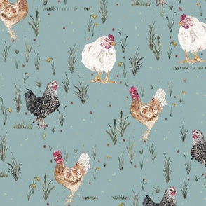 Hand Painted Spring Chickens With Grass And Flowers Blue Large