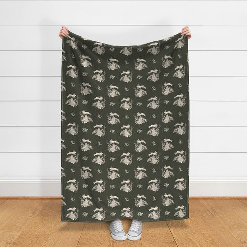 Leaping Hare in Dark Evergreen and Off White Beige