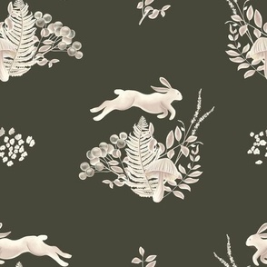 Leaping Hare in Dark Evergreen and Off White Beige